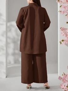 Veilorie Plus Size Women's Solid Color Hollow Hem Pleated Shirt Pants Elegant Two Pieces Set Brunch Morning Evening Formal Brown Fall - Coffee Brown - View 2