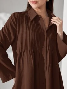 Veilorie Plus Size Women's Solid Color Hollow Hem Pleated Shirt Pants Elegant Two Pieces Set Brunch Morning Evening Formal Brown Fall - Coffee Brown - View 7