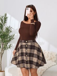 Solflare 大尺碼女款格紋金屬鈕扣設計休閒裙 - 黑色 - 查看 4