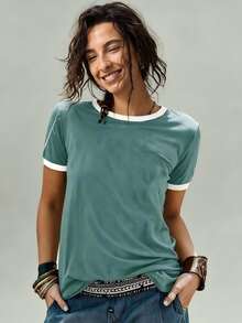SHEIN 女士夏季拼色圆领短袖休闲 T 恤图案 T 恤女式上衣 - 綠色 - 查看 4
