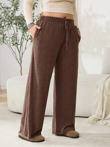 Solflare Plus Size Women's Solid Color Casual Daily Wear Long Pants - Coffee Brown - View 4