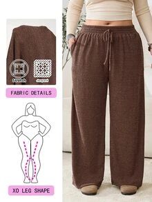 Solflare Plus Size Women's Solid Color Casual Daily Wear Long Pants - Coffee Brown - View 2