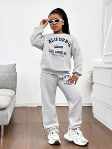 SHEIN Tween Girl Slogan Print Oversized Crew Neck Hoodie And Slim Sweatpants Set,Heather Gray Navy Blue Autumn Casual School Back-To-School Comfortable - Light Grey - View 1