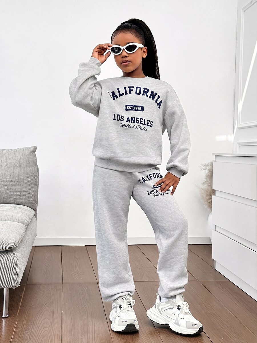 SHEIN Tween Girl Slogan Print Oversized Crew Neck Hoodie And Slim Sweatpants Set,Heather Gray Navy Blue Autumn Casual School Back-To-School Comfortable - Light Grey - View 1