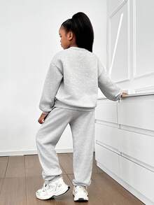 SHEIN Tween Girl Slogan Print Oversized Crew Neck Hoodie And Slim Sweatpants Set,Heather Gray Navy Blue Autumn Casual School Back-To-School Comfortable - Light Grey - View 2