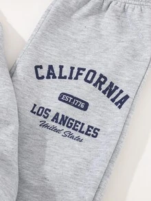 SHEIN Tween Girl Slogan Print Oversized Crew Neck Hoodie And Slim Sweatpants Set,Heather Gray Navy Blue Autumn Casual School Back-To-School Comfortable - Light Grey - View 6