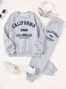 SHEIN Tween Girl Slogan Print Oversized Crew Neck Hoodie And Slim Sweatpants Set,Heather Gray Navy Blue Autumn Casual School Back-To-School Comfortable - Light Grey - View 4