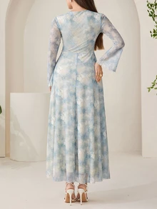 Veilorie 大尺碼女款藍白條紋亮片圓領喇叭袖百褶優雅浪漫休閒洋裝，適合秋季派對正式場合婚禮 - 藍色 - 查看 2