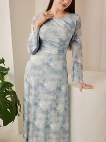 Veilorie 大尺碼女款藍白條紋亮片圓領喇叭袖百褶優雅浪漫休閒洋裝，適合秋季派對正式場合婚禮 - 藍色 - 查看 6