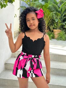 SHEIN Tween 女童夏季休闲度假花瓣花卉拼接色块印花连体短裤，适合夏季、度假、海滩 - 黑色 - 查看 6