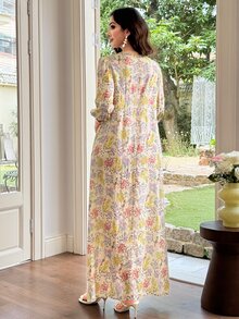 Al Najma Women's Printed Round Neck Lace Trim Patchwork Flare Dress - Multicolor - View 8