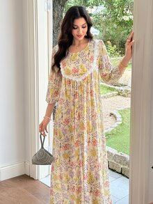 Al Najma Women's Printed Round Neck Lace Trim Patchwork Flare Dress - Multicolor - View 6