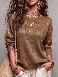 Balvessa Top de punto elegante y brillante para otoño, suéter de cuello redondo con hombros caídos, manga larga, holgado y con bajo acanalado, para mujer, color marrón óxido, para brunch, fiesta, noche, Año Nuevo y Navidad