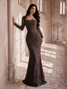 Coutiva Women's Lace Ruched Long Sleeve Mermaid Evening Prom Gown Dress Fall Formal Elegant - Coffee Brown - View 4