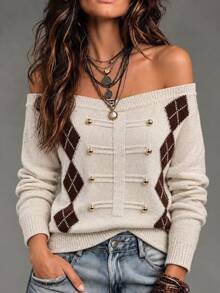 LUMIGAL Women's Asymmetric Shoulder Casual Versatile Long Sleeve Sweater - Beige - View 4