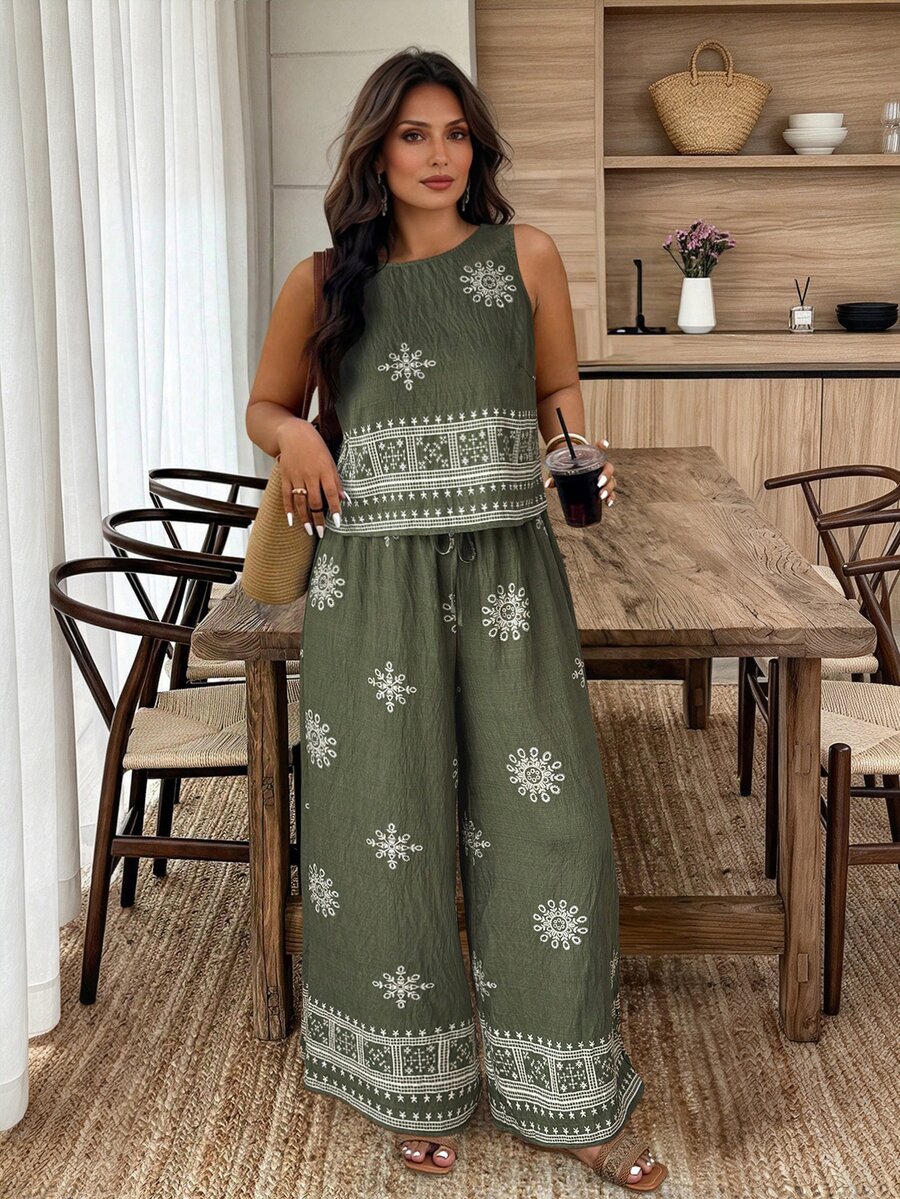 Weeklong 2pcs/Set Plus Size Women Casual Matching Boho Holiday Style Embroidered Sleeveless Top And Wide Leg Pants Vacation Olive Green Summer - Army Green - View 1
