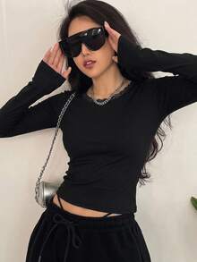 Strévra Women's Lace Splice Sexy Open Back Fitted Long Sleeve T-Shirt Top,Fall Clothes - Black - View 6