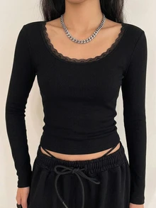 Strévra Women's Lace Splice Sexy Open Back Fitted Long Sleeve T-Shirt Top,Fall Clothes - Black - View 7