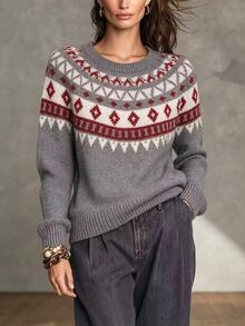 LUMIGAL Geo Pattern Raglan Sleeve Sweater Everyday Travel Grey Fall Casual Matching Boho Graphic Traveling - Multicolor - View 3