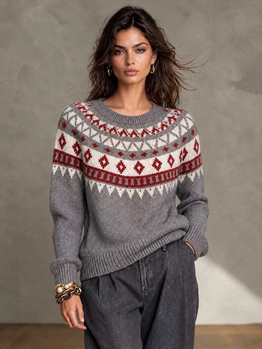 LUMIGAL Geo Pattern Raglan Sleeve Sweater Everyday Travel Grey Fall Casual Matching Boho Graphic Traveling - Multicolor - View 1