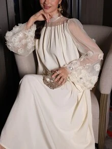 Al Najma Women's Arabic Style Dress With Round Neck, Mesh Patchwork & Flared Sleeves - Apricot - View 5