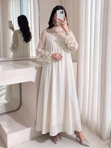 Al Najma Women's Arabic Style Dress With Round Neck, Mesh Patchwork & Flared Sleeves - Apricot - View 1