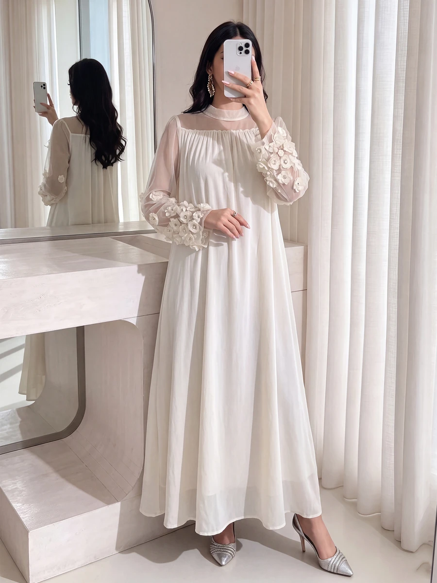 Al Najma Women's Arabic Style Dress With Round Neck, Mesh Patchwork & Flared Sleeves - Apricot - View 1