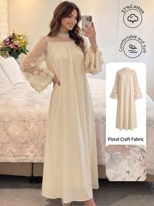 Al Najma Women's Arabic Style Dress With Round Neck, Mesh Patchwork & Flared Sleeves - Apricot - View 3