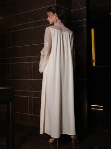 Al Najma Women's Arabic Style Dress With Round Neck, Mesh Patchwork & Flared Sleeves - Apricot - View 2