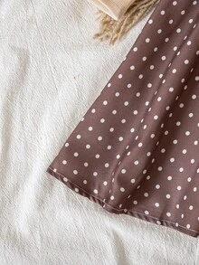 Young Girl Bowknot Pattern Patchwork Polka Dot Hem Long Sleeve Casual Fairy Princess Dress 7th Birthday Swimming Brown Fall - Multicolor - View 7