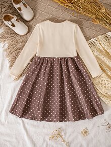 Young Girl Bowknot Pattern Patchwork Polka Dot Hem Long Sleeve Casual Fairy Princess Dress 7th Birthday Swimming Brown Fall - Multicolor - View 6
