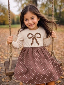 Young Girl Bowknot Pattern Patchwork Polka Dot Hem Long Sleeve Casual Fairy Princess Dress 7th Birthday Swimming Brown Fall - Multicolor - View 2