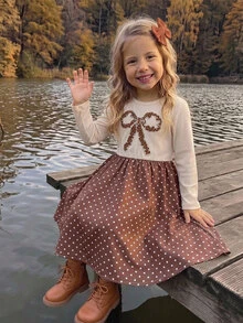Young Girl Bowknot Pattern Patchwork Polka Dot Hem Long Sleeve Casual Fairy Princess Dress 7th Birthday Swimming Brown Fall - Multicolor - View 4