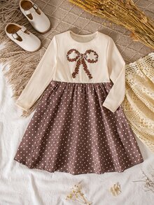 Young Girl Bowknot Pattern Patchwork Polka Dot Hem Long Sleeve Casual Fairy Princess Dress 7th Birthday Swimming Brown Fall - Multicolor - View 5