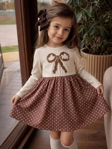 Young Girl Bowknot Pattern Patchwork Polka Dot Hem Long Sleeve Casual Fairy Princess Dress 7th Birthday Swimming Brown Fall - Multicolor - View 1