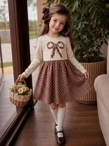 Young Girl Bowknot Pattern Patchwork Polka Dot Hem Long Sleeve Casual Fairy Princess Dress 7th Birthday Swimming Brown Fall - Multicolor - View 3