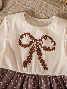 Young Girl Bowknot Pattern Patchwork Polka Dot Hem Long Sleeve Casual Fairy Princess Dress 7th Birthday Swimming Brown Fall - Multicolor - View 8