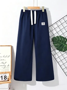 SHEIN Tween Boy Casual Baggy Sweatpants, Navy Blue Straight Leg Trousers With Contrast White Drawstring Label Patch, Fall Winter School Sport - Navy Blue - View 3
