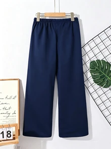 SHEIN Tween Boy Casual Baggy Sweatpants, Navy Blue Straight Leg Trousers With Contrast White Drawstring Label Patch, Fall Winter School Sport - Navy Blue - View 2