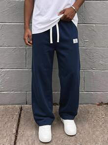 SHEIN Tween Boy Casual Baggy Sweatpants, Navy Blue Straight Leg Trousers With Contrast White Drawstring Label Patch, Fall Winter School Sport - Navy Blue - View 1