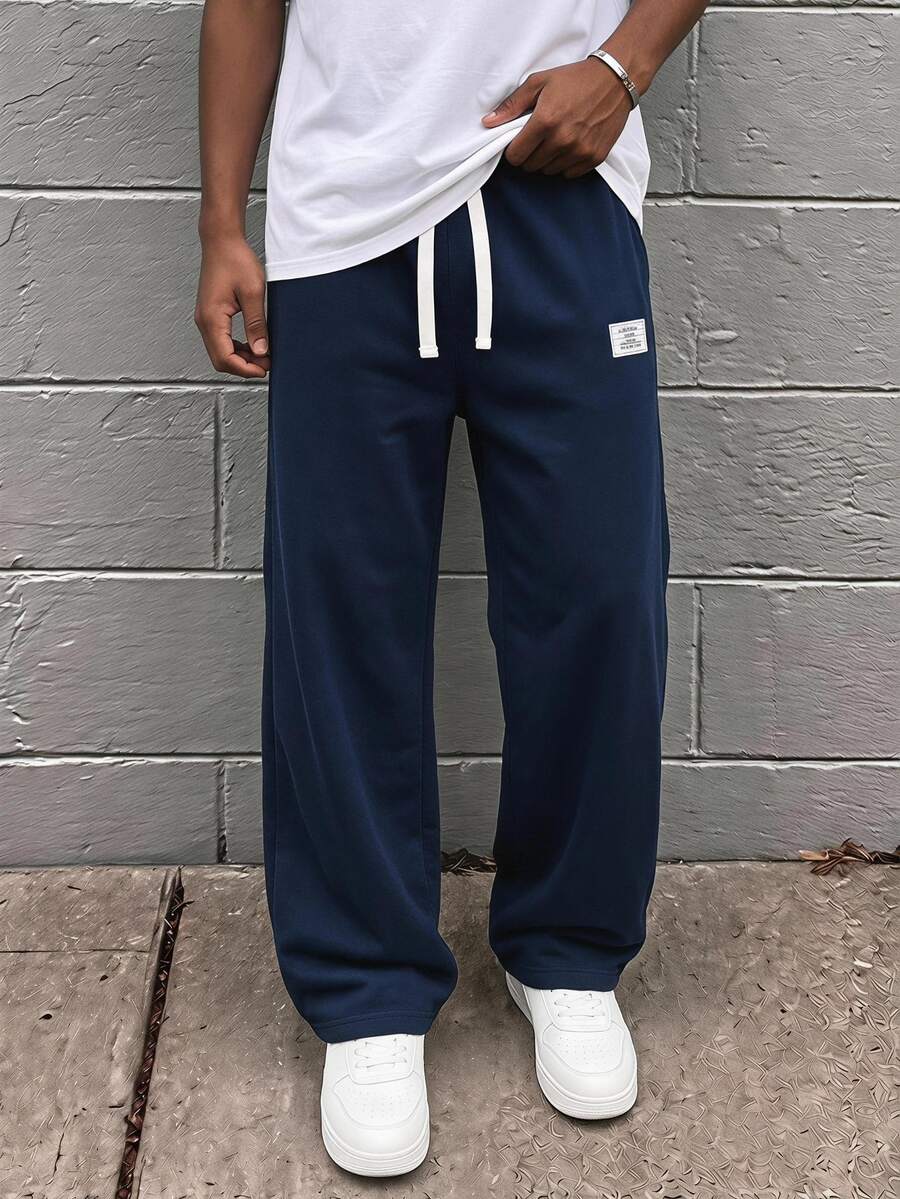 SHEIN Tween Boy Casual Baggy Sweatpants, Navy Blue Straight Leg Trousers With Contrast White Drawstring Label Patch, Fall Winter School Sport - Navy Blue - View 1