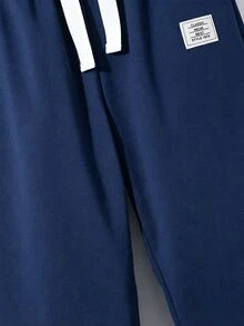 SHEIN Tween Boy Casual Baggy Sweatpants, Navy Blue Straight Leg Trousers With Contrast White Drawstring Label Patch, Fall Winter School Sport - Navy Blue - View 6
