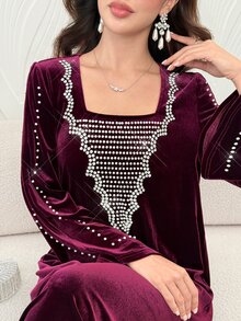 Al Najma Spring Autumn Winter Velvet Rhinestone Pearl Square Neck Elegant Modest Flattering Slimming Women's Dress Christmas Christening Guest Ninang Wedding - Burgundy - View 4