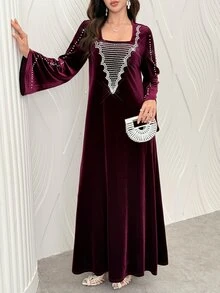 Al Najma Spring Autumn Winter Velvet Rhinestone Pearl Square Neck Elegant Modest Flattering Slimming Women's Dress Christmas Christening Guest Ninang Wedding - Burgundy - View 9