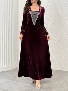 Al Najma Spring Autumn Winter Velvet Rhinestone Pearl Square Neck Elegant Modest Flattering Slimming Women's Dress Christmas Christening Guest Ninang Wedding - Burgundy - View 10