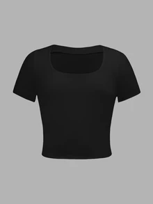 SHEIN Tween Girl Casual Simple Basic Comfortable Stretch Slim Fit U-Neck Short Sleeve Knit Solid Color Cropped T-Shirt Black - Black - View 2