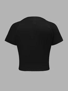 SHEIN Tween Girl Casual Simple Basic Comfortable Stretch Slim Fit U-Neck Short Sleeve Knit Solid Color Cropped T-Shirt Black - Black - View 3