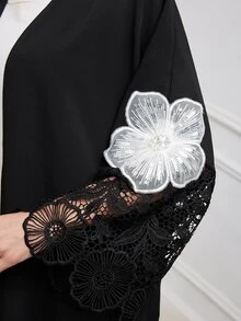 Al Najma Bata Abaya de estilo árabe de ajuste holgado para mujer con puños de encaje, patchwork y decoración de bordado - Negro - Ver 5