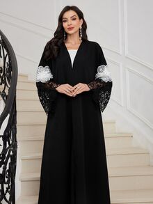 Al Najma Bata Abaya de estilo árabe de ajuste holgado para mujer con puños de encaje, patchwork y decoración de bordado - Negro - Ver 9