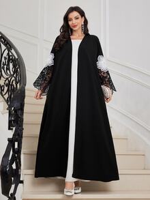Al Najma Bata Abaya de estilo árabe de ajuste holgado para mujer con puños de encaje, patchwork y decoración de bordado - Negro - Ver 7